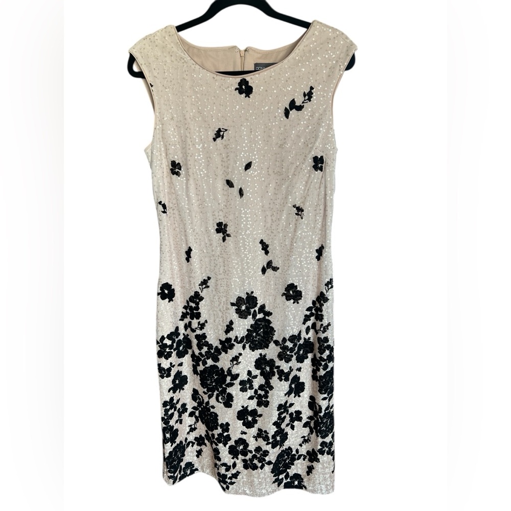 Donna Ricco Sequin Floral Sheath Dress Beige Black Cocktail Midi 8 Wedding Guest - Picture 2 of 7